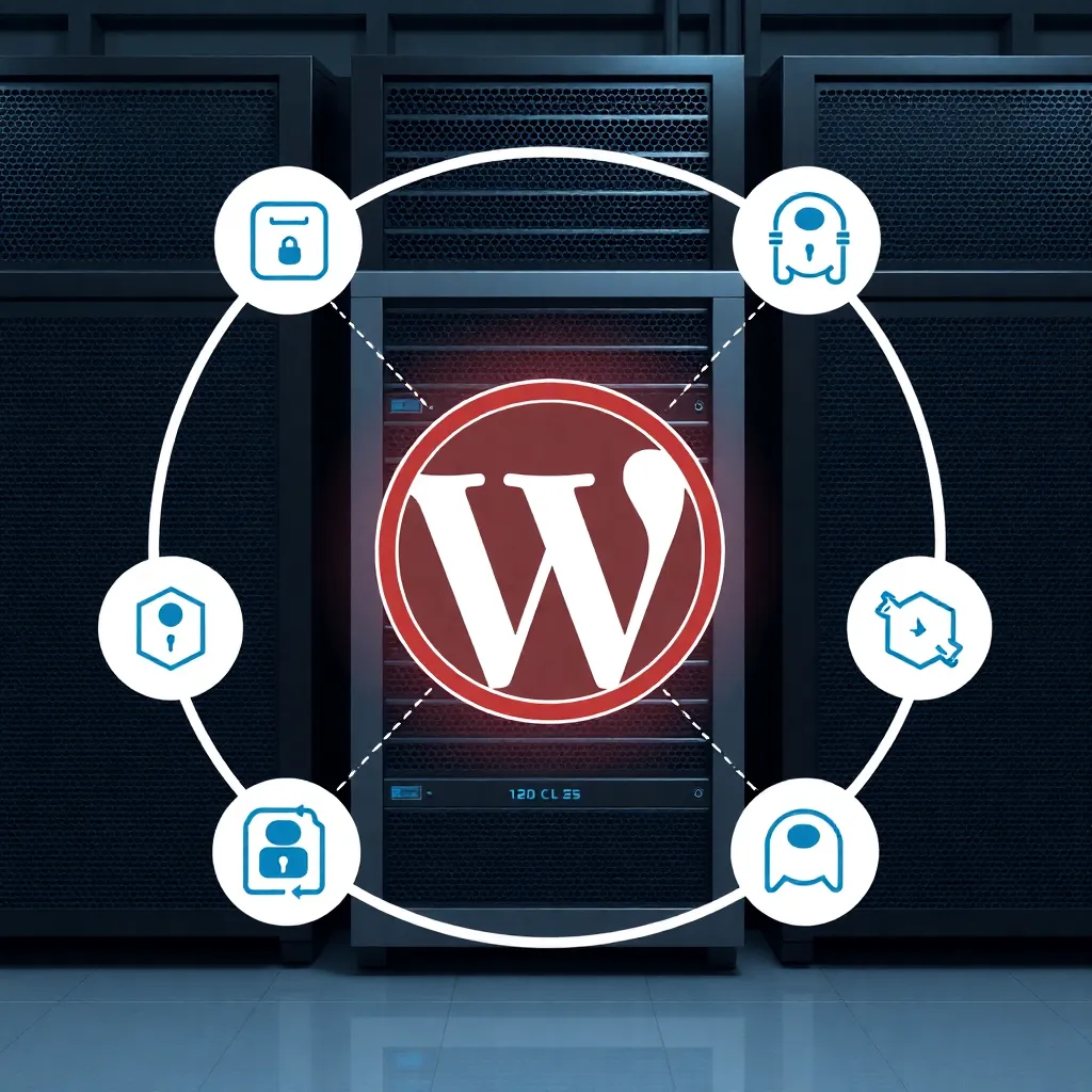 Concept d'hébergement Managed WordPress : rack de serveurs avec logo WordPress et symboles de sécurité, de vitesse et d'assistance