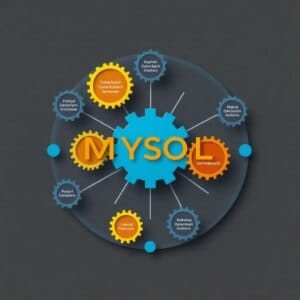 Représentation abstraite de MySQL avec des engrenages et des structures de base de données