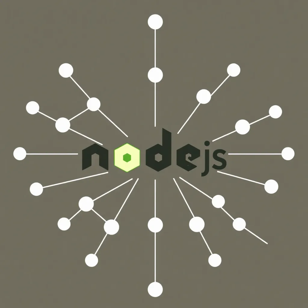 Représentation stylisée du logo Node.js entouré de nœuds en réseau symbolisant l'environnement JavaScript côté serveur
