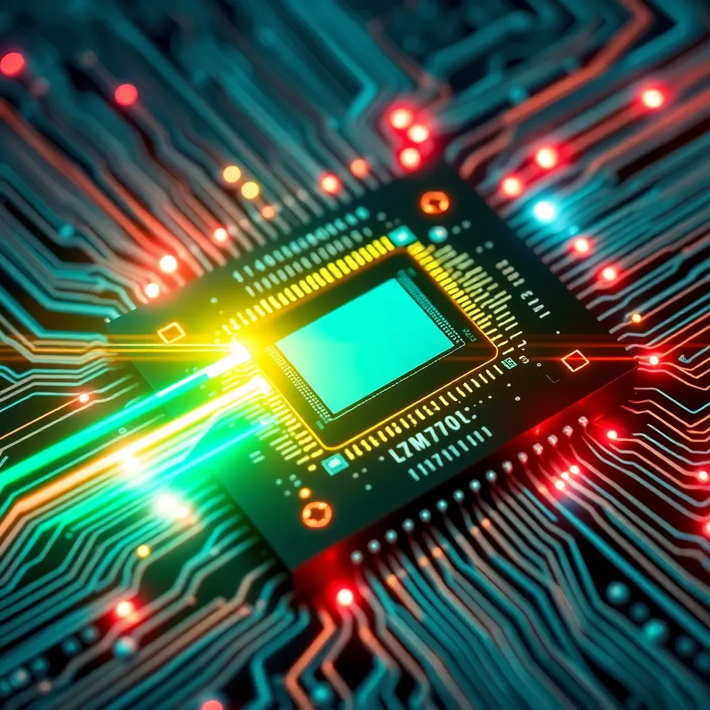 Puce informatique photonique futuriste avec flux lumineux et composants optiques