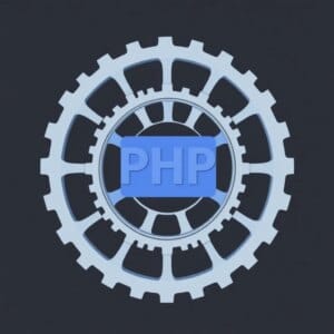 Illustration abstraite de l'hébergement PHP avec des racks de serveurs, des lignes de code et des icônes de bases de données