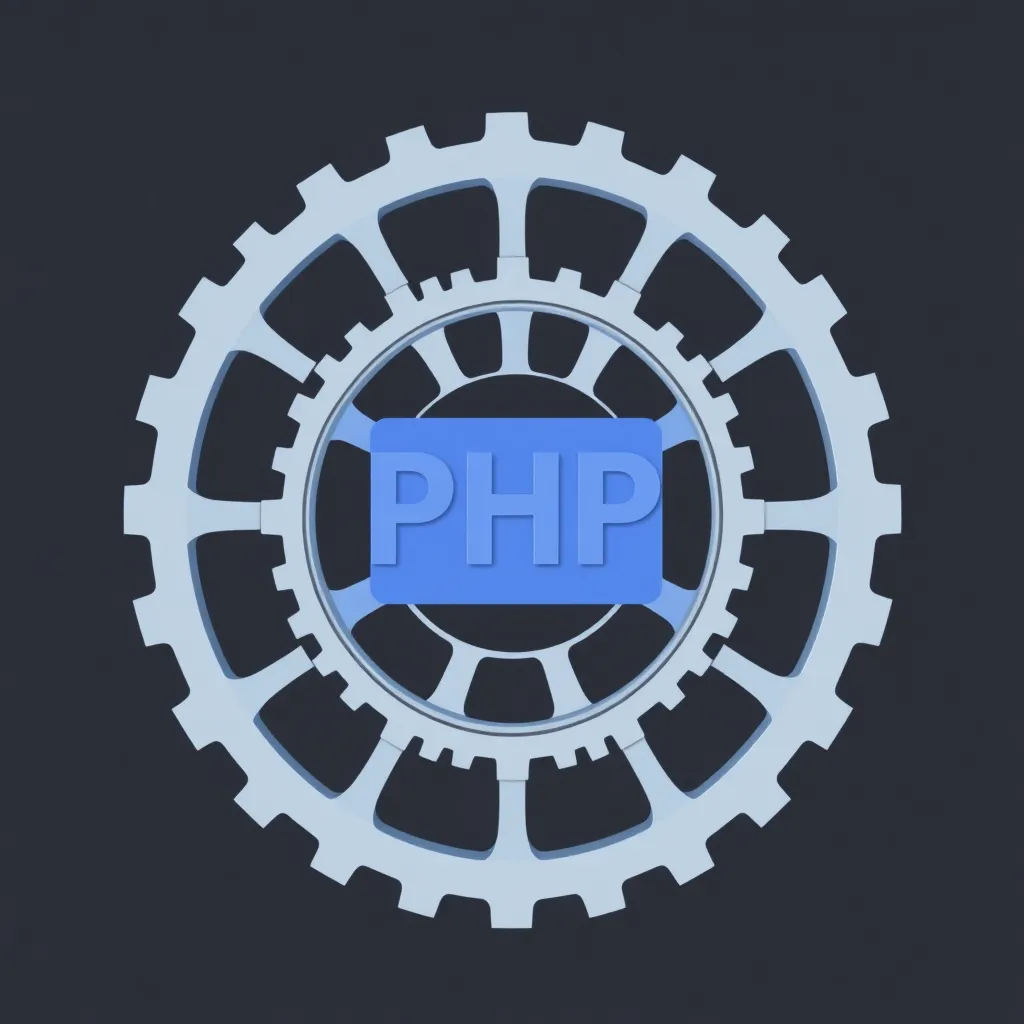 Illustration abstraite de l'hébergement PHP avec des racks de serveurs, des lignes de code et des icônes de bases de données