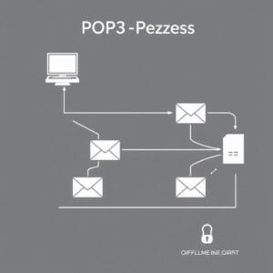 Représentation schématique du protocole POP3 : connexion client-serveur et transmission du courrier électronique