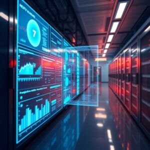 Une salle de serveurs futuriste avec des affichages holographiques pour la maintenance prédictive