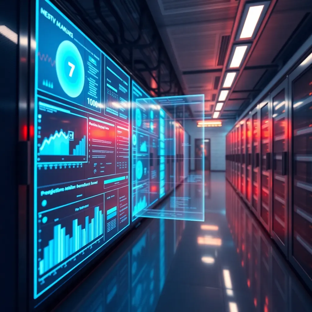 Une salle de serveurs futuriste avec des affichages holographiques pour la maintenance prédictive