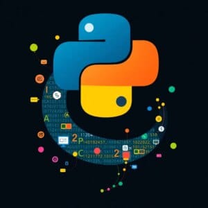 Représentation abstraite du langage de programmation Python avec des symboles de code et des icônes d'application