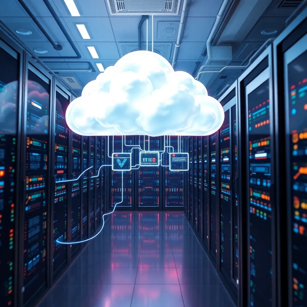 Centre de données futuriste avec des processeurs quantiques et des flux de données symbolisant le Quantum-as-a-Service