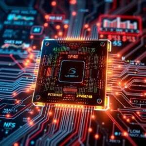 Puce d'ordinateur quantique futuriste avec qubits lumineux et circuit complexe, entourée d'affichages holographiques de calculs complexes