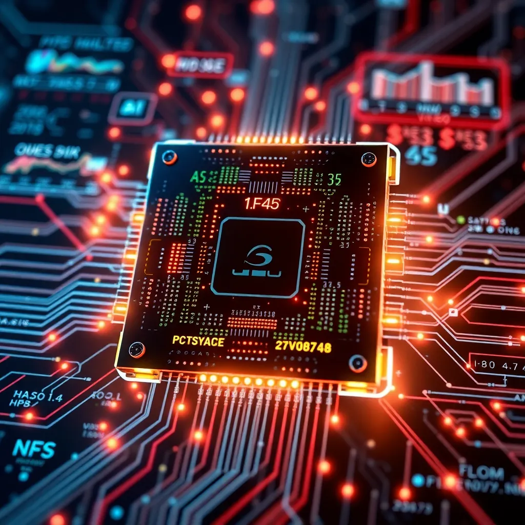Puce d'ordinateur quantique futuriste avec qubits lumineux et circuit complexe, entourée d'affichages holographiques de calculs complexes