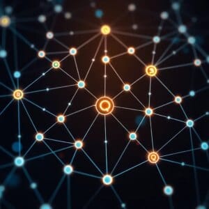 Représentation abstraite de l'Internet quantique avec des nœuds en réseau et des symboles quantiques