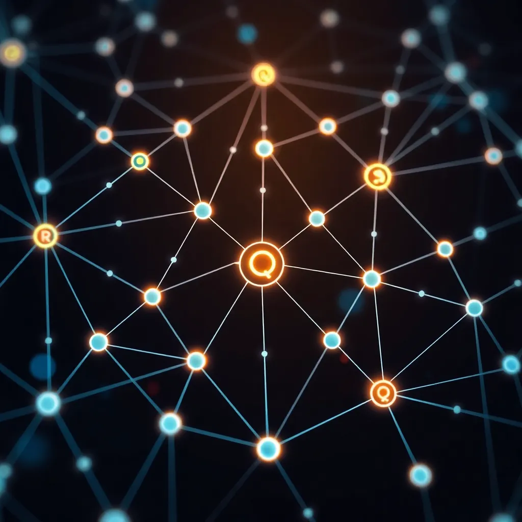 Représentation abstraite de l'Internet quantique avec des nœuds en réseau et des symboles quantiques