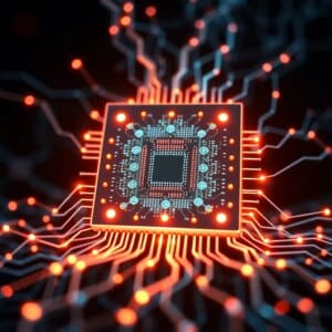 Puce d'ordinateur quantique futuriste avec des qubits lumineux, tissés avec des modèles de réseaux neuronaux
