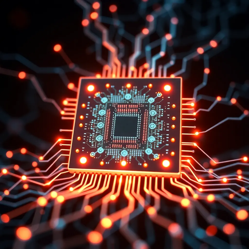 Puce d'ordinateur quantique futuriste avec des qubits lumineux, tissés avec des modèles de réseaux neuronaux