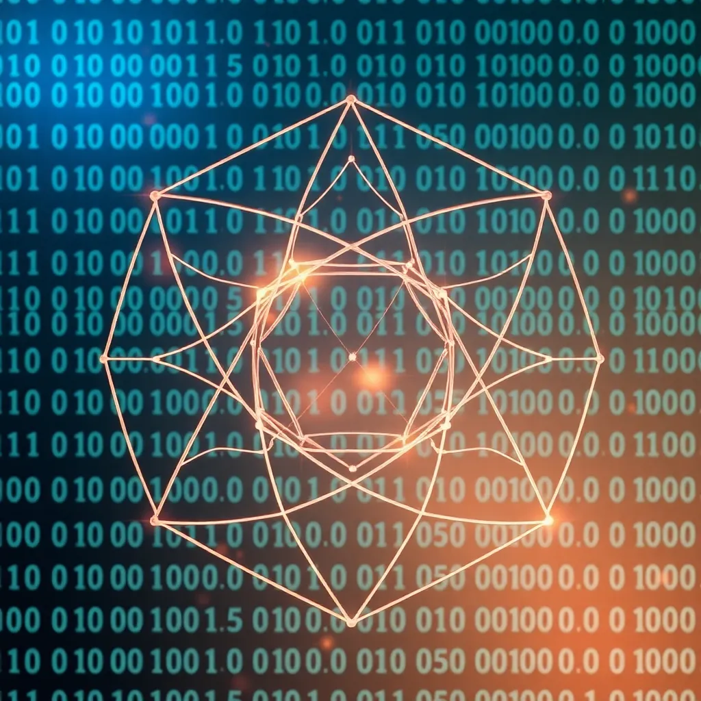 Représentation abstraite de la cryptographie à résistance quantique avec des formes géométriques entrelacées et un code binaire en arrière-plan