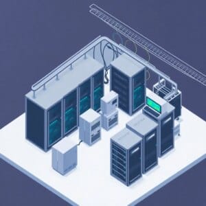 Représentation isométrique d'un centre de données moderne avec serveurs, systèmes de refroidissement et infrastructure réseau