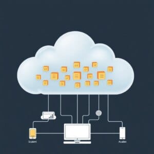 Architecture sans serveur représentée sous forme de nuage avec des blocs fonctionnels flottants, reliés à différents appareils et applications