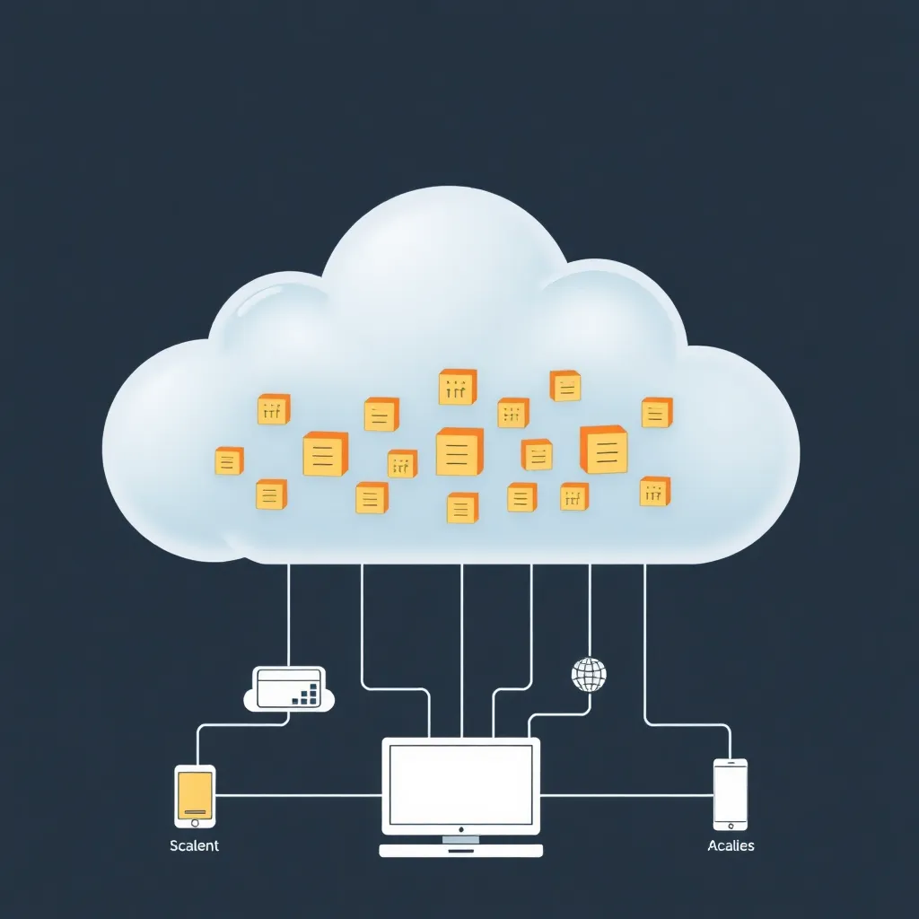 Architecture sans serveur représentée sous forme de nuage avec des blocs fonctionnels flottants, reliés à différents appareils et applications
