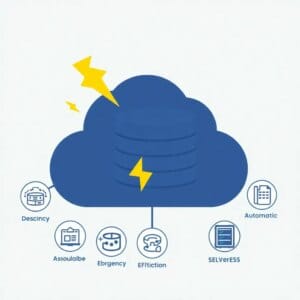 Concept de base de données sans serveur : icône de base de données en nuage avec flashs pour un traitement rapide et évolutif des données