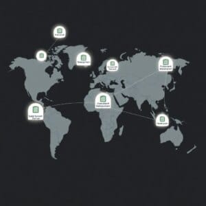 Carte globale avec emplacements des serveurs et connexions réseau