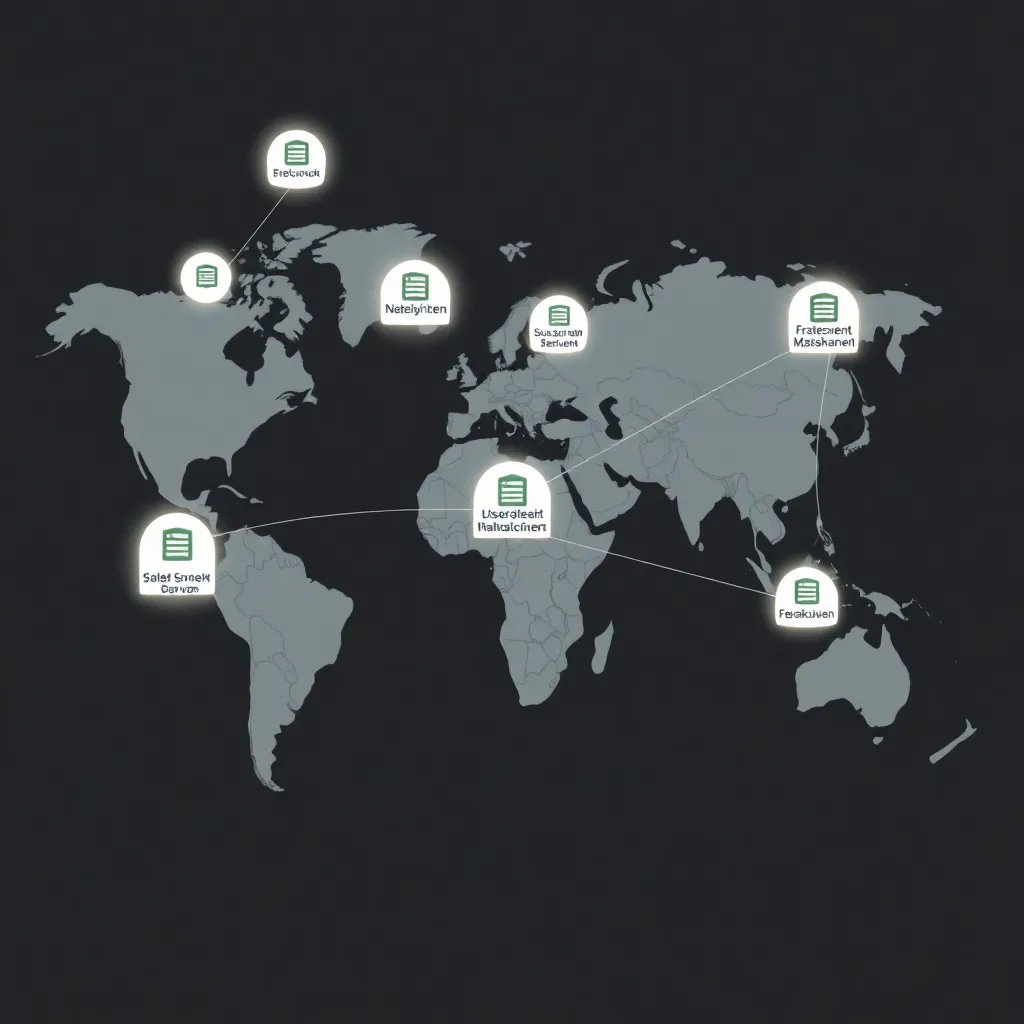 Carte globale avec emplacements des serveurs et connexions réseau