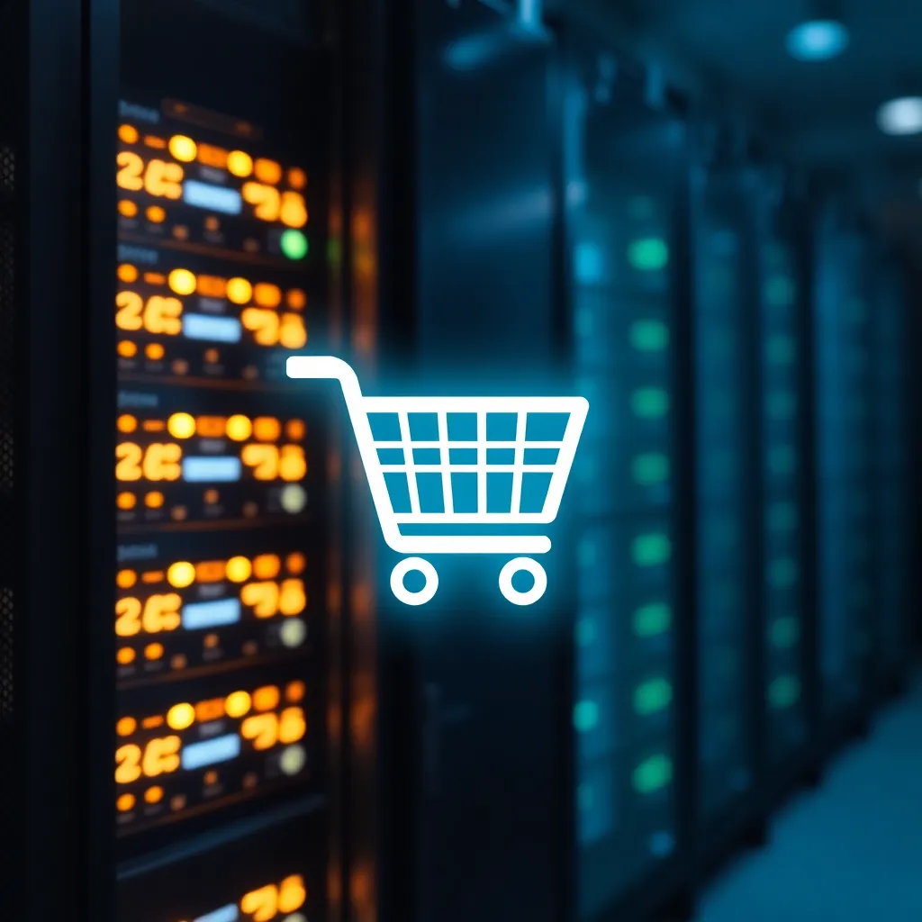 Puissant rack de serveurs d'hébergement Shopware avec symbole de panier flottant