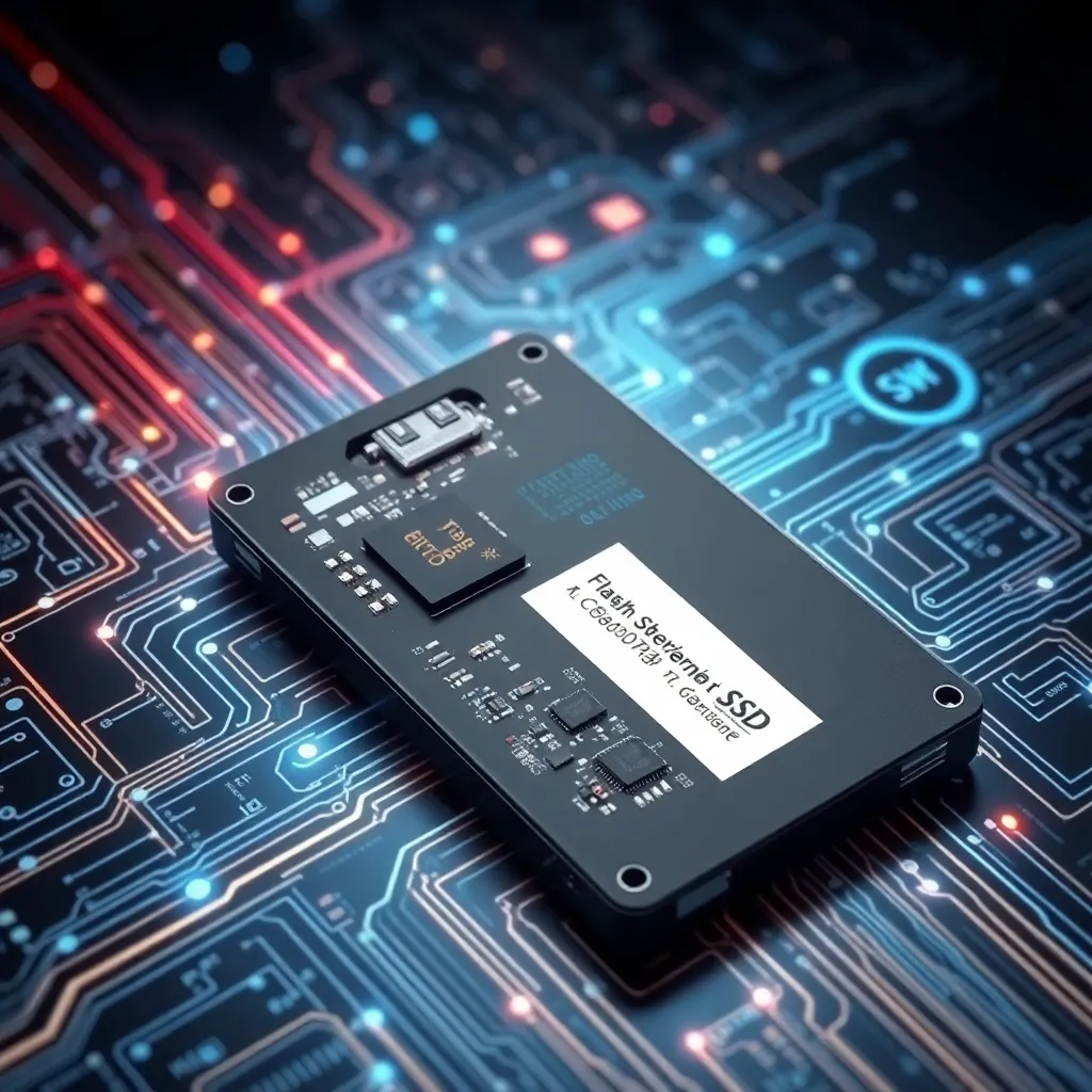 Représentation réaliste d'un disque dur SSD (Solid State Drive) avec composants internes et flux de données