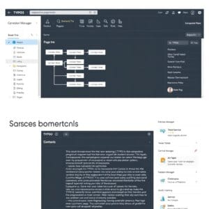 Interface backend TYPO3 CMS avec arborescence de pages responsive et éléments de contenu