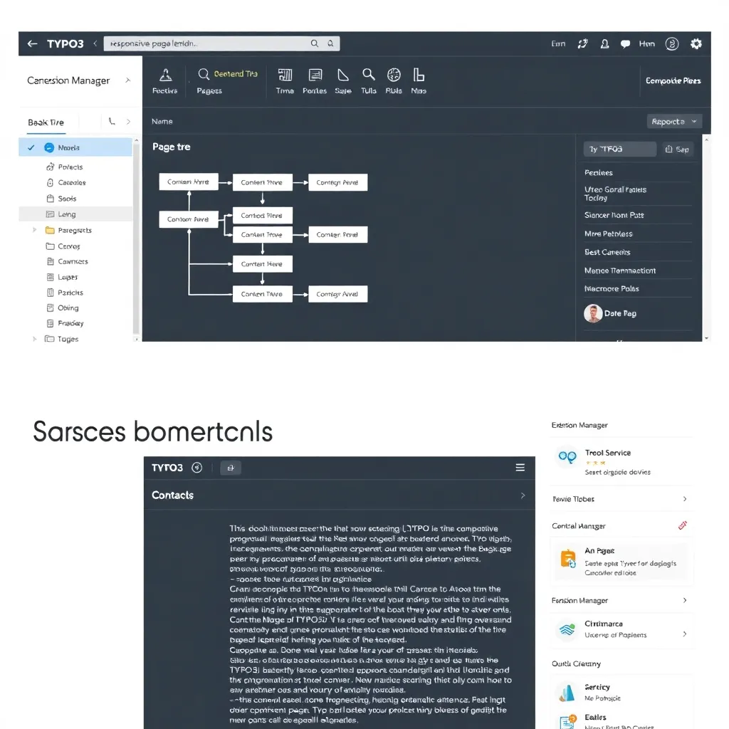 Interface backend TYPO3 CMS avec arborescence de pages responsive et éléments de contenu