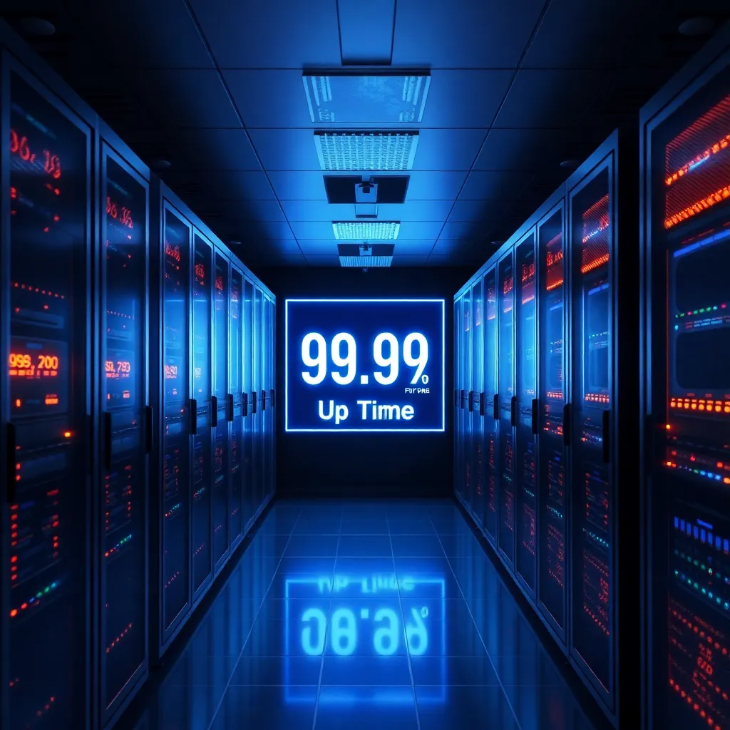 Salle de serveurs moderne avec affichage d'un uptime élevé de 99,9%