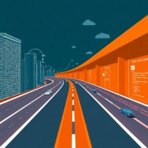 Illustration du trafic web comme une autoroute numérique avec des données circulant entre les serveurs et les appareils