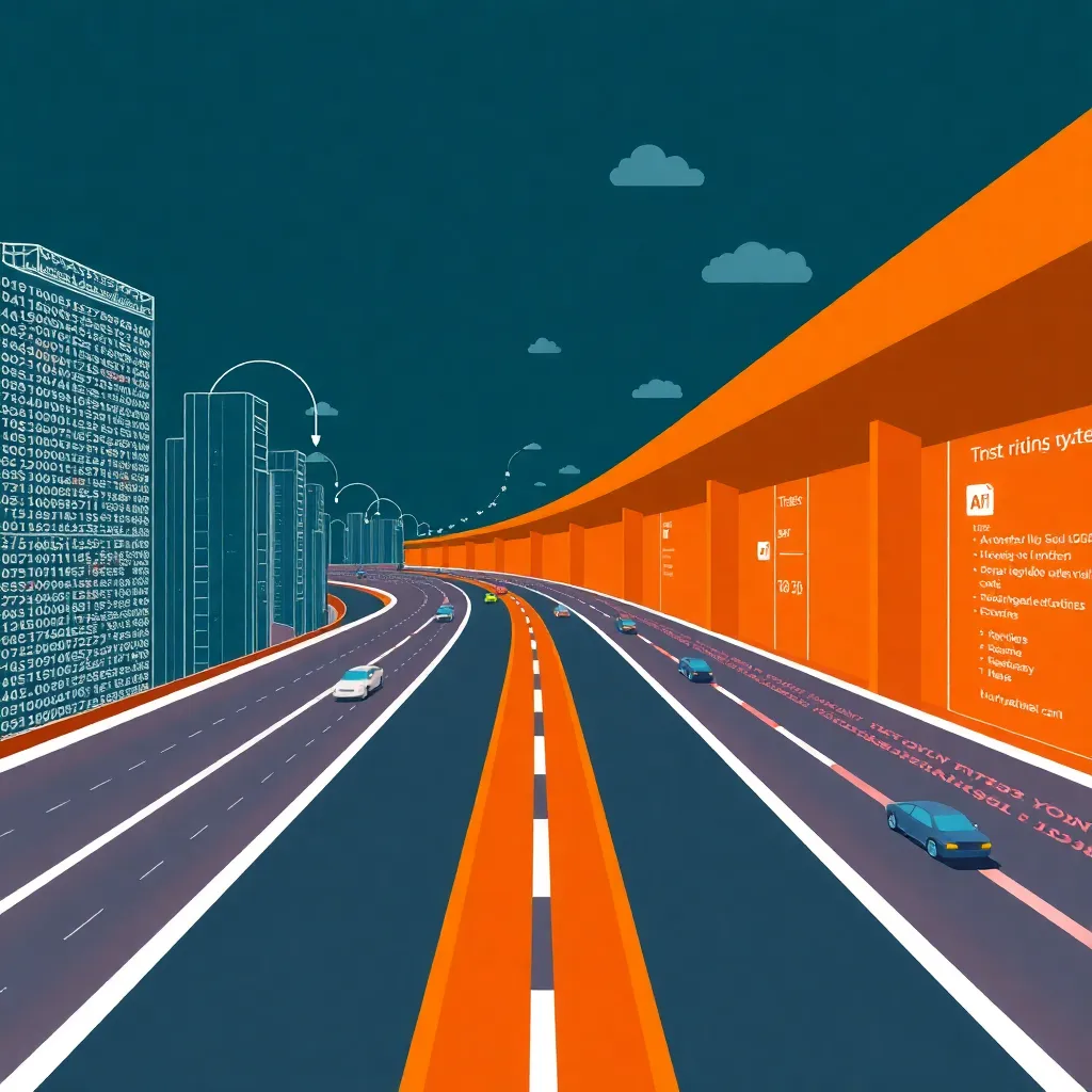 Illustration du trafic web comme une autoroute numérique avec des données circulant entre les serveurs et les appareils