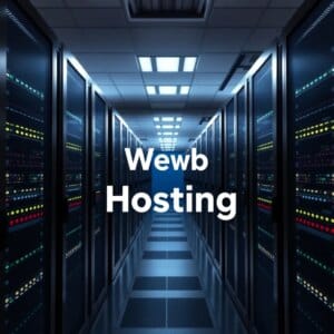 Salle de serveurs moderne avec des rangées de racks de serveurs éclairés représentant l'infrastructure d'hébergement web