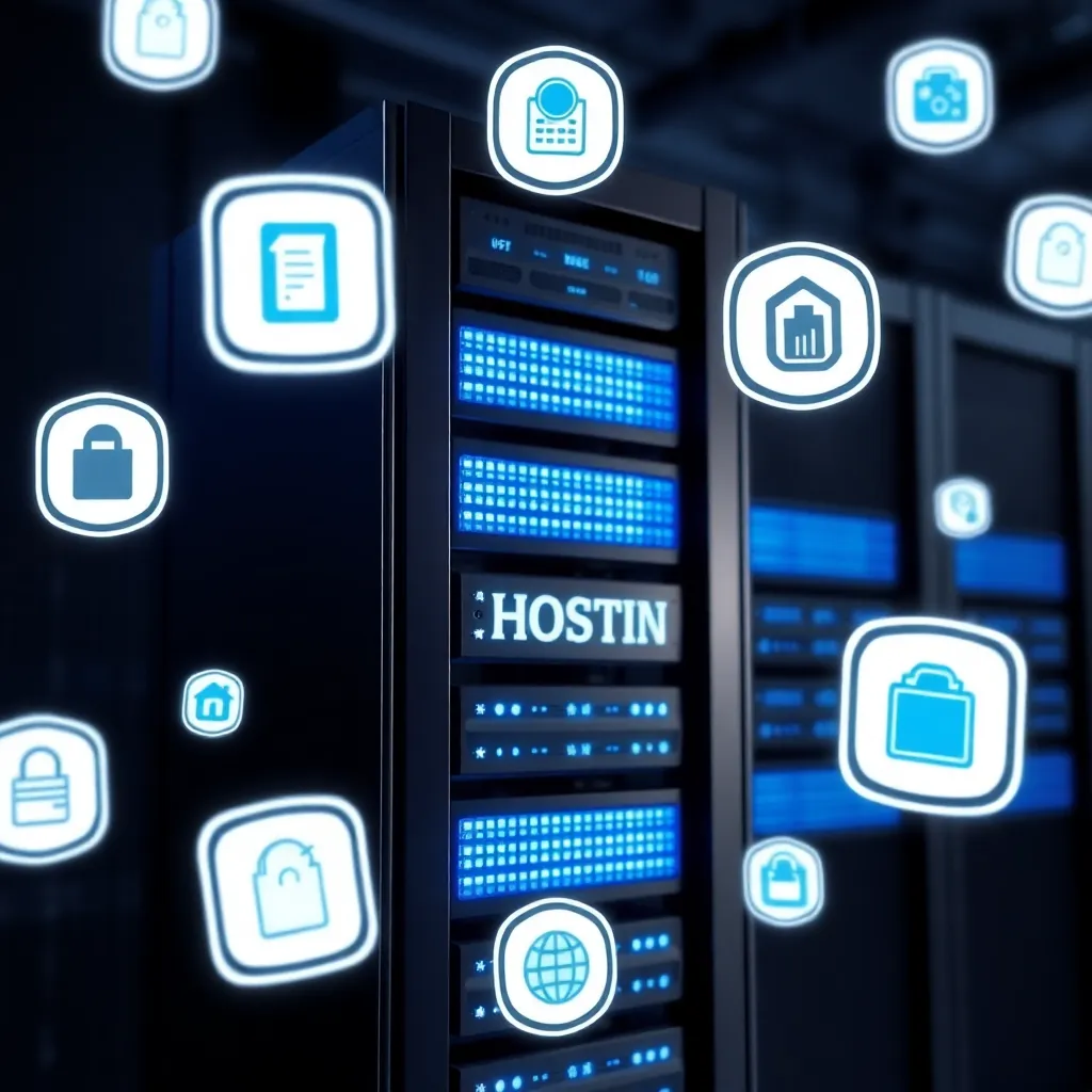 Rack de serveur moderne avec lumières bleues vives, entouré d'icônes flottantes pour les services web