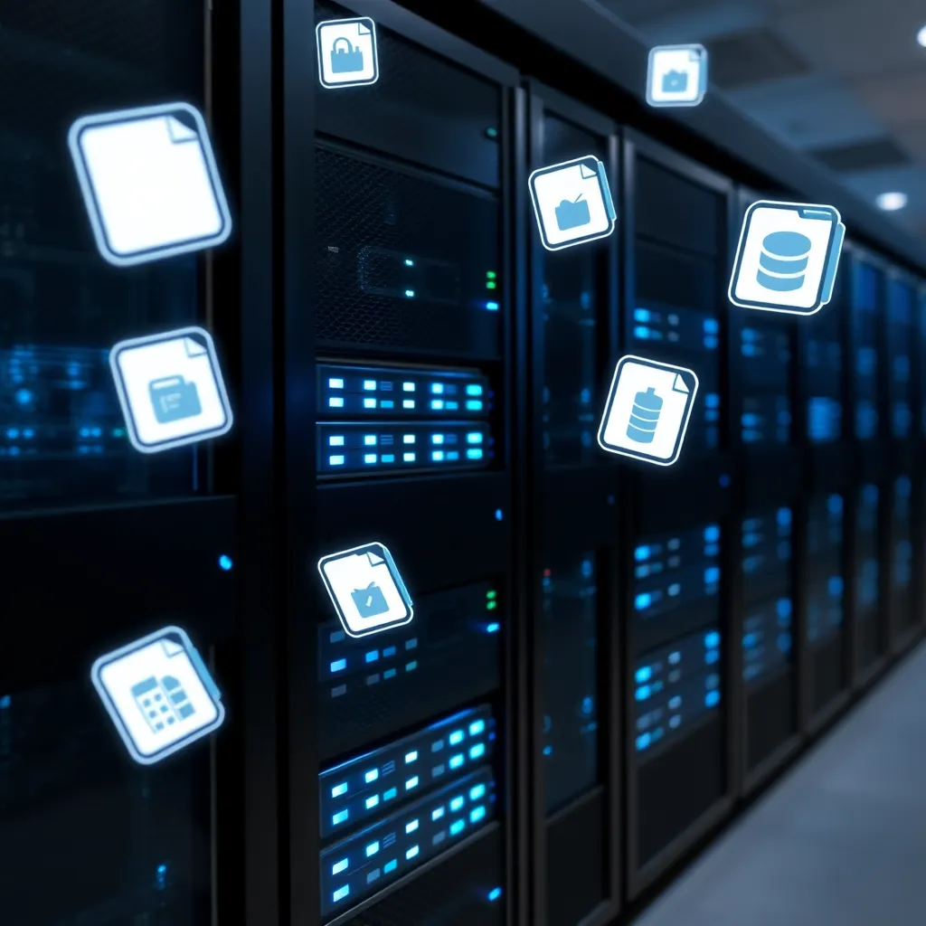 Rack de serveur moderne avec des lumières bleues vives représentant l'espace web et le stockage de données, entouré d'icônes flottantes pour les fichiers, les bases de données et les éléments du site web.