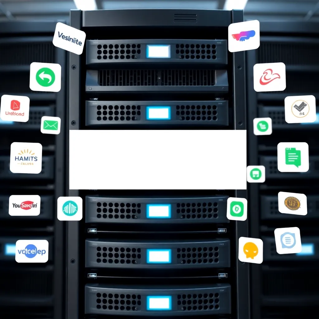 Image conceptuelle pour l'hébergement en marque blanche : rack de serveurs avec étiquette blanche et logos de marques flottants