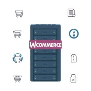Concept d'hébergement WooCommerce avec serveur et icônes e-commerce