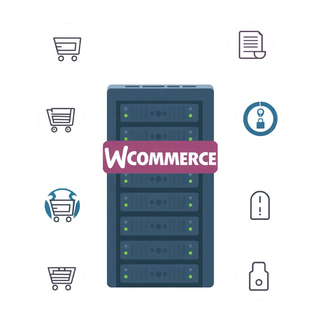 Concept d'hébergement WooCommerce avec serveur et icônes e-commerce