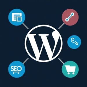 Illustration abstraite du logo WordPress avec des icônes de fonctions