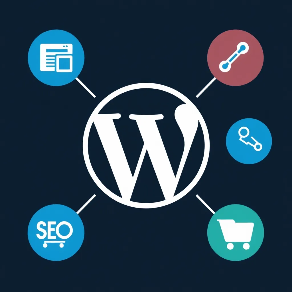 Illustration abstraite du logo WordPress avec des icônes de fonctions