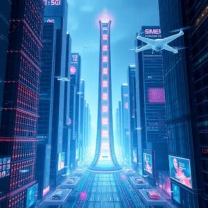 Paysage urbain futuriste avec des tours 5G et des affichages holographiques symbolisant la transmission rapide des données