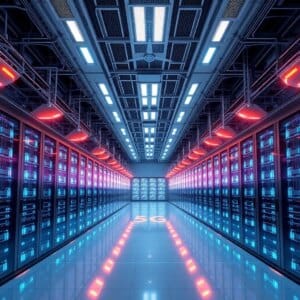 Centre de données futuriste avec des antennes 5G et des serveurs représentant des connexions à haut débit et des nœuds d'edge computing