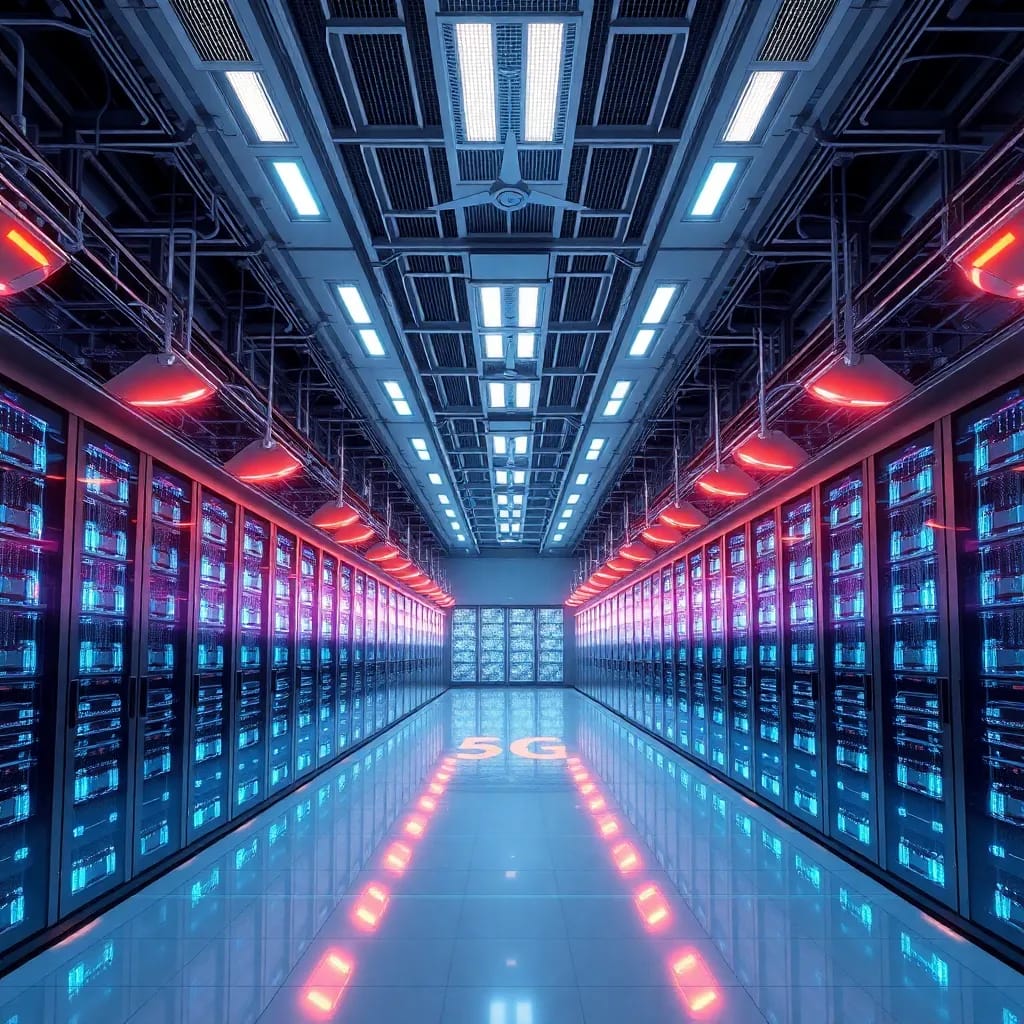 Centre de données futuriste avec des antennes 5G et des serveurs représentant des connexions à haut débit et des nœuds d'edge computing