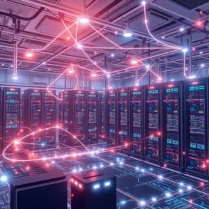 Centre de données 5G futuriste avec serveurs en réseau et visualisation de données