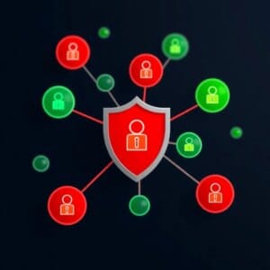 Représentation abstraite de la gestion des bots dans l'hébergement web avec nœuds de réseau et bouclier de protection