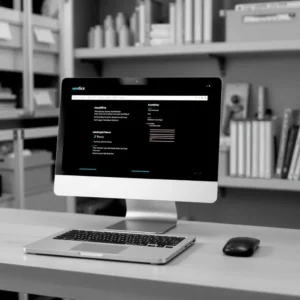 Bureau avec ordinateur portable et dossiers pour logiciels de gestion