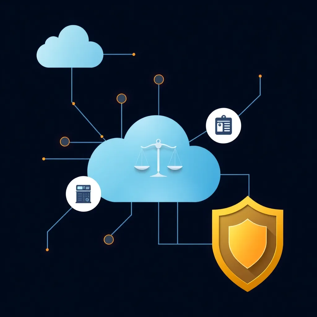 Représentation abstraite du cloud computing avec symboles juridiques et protection des données