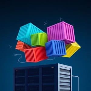 Représentation abstraite de la technologie des conteneurs dans l'hébergement web avec des cubes flottants et imbriqués au-dessus d'une infrastructure de serveurs