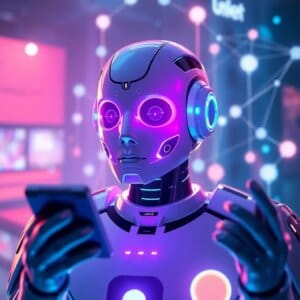 Un chatbot futuriste à intelligence artificielle interagit avec différents appareils, entouré de flux de données et de connexions réseau