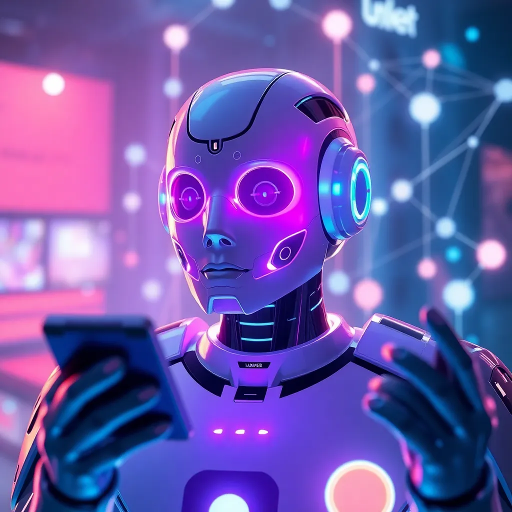 Un chatbot futuriste à intelligence artificielle interagit avec différents appareils, entouré de flux de données et de connexions réseau
