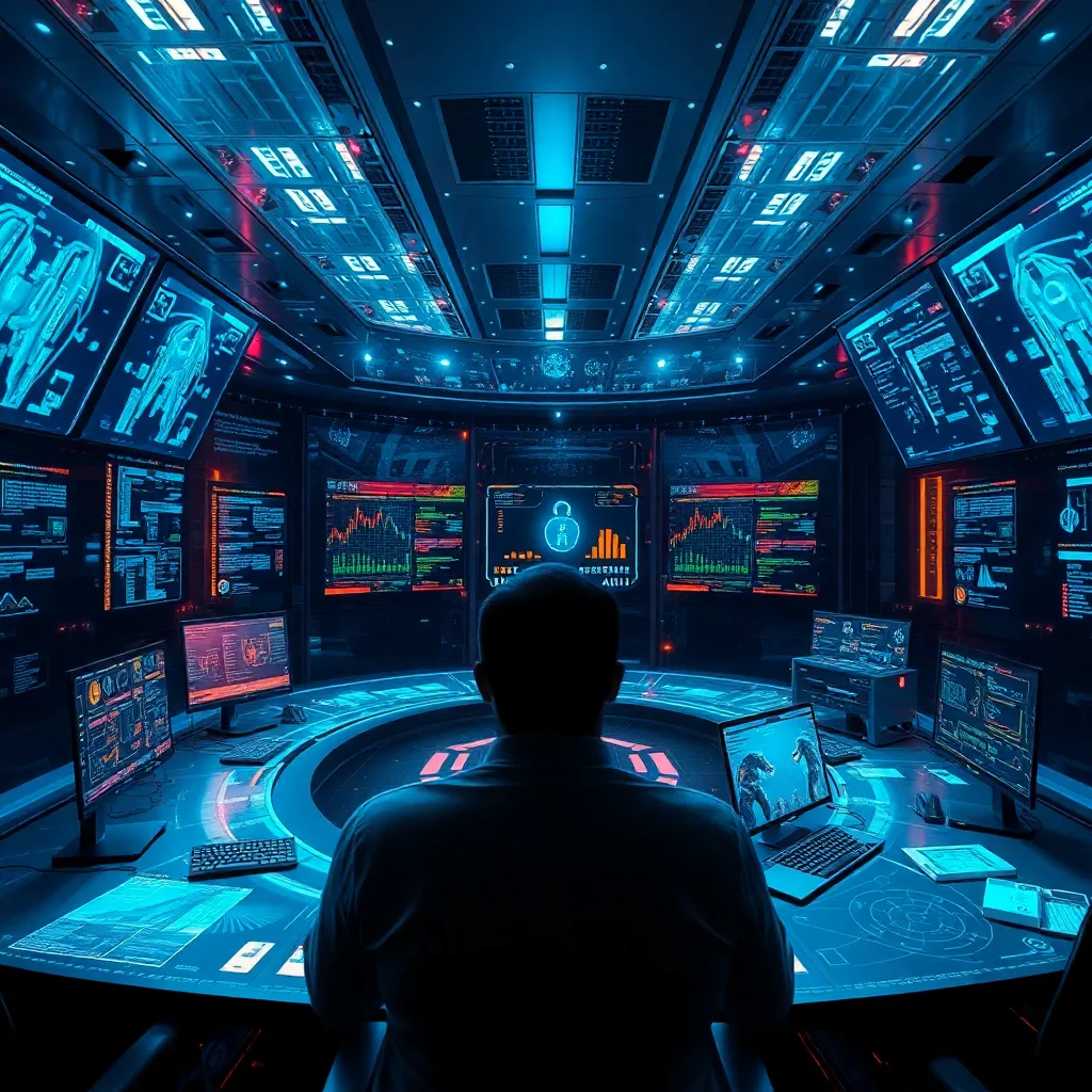 Un centre de commandement de cybersécurité futuriste avec des écrans holographiques et des assistants IA